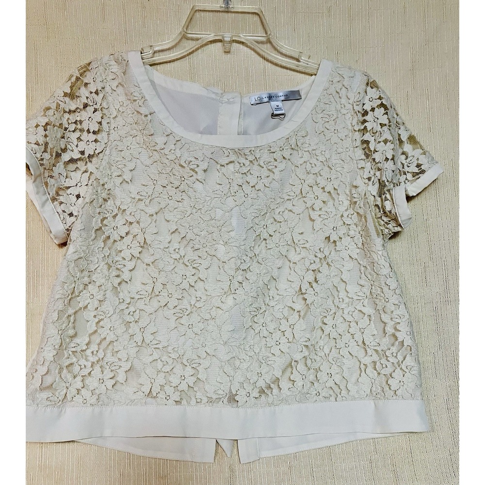 Lauren Conrad Embroidered Ivory Lace Overlay Top With Bows Down Back - Size M